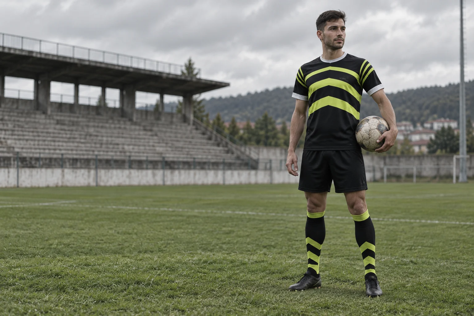 Jogador fictício num campo de futebol, com equipamento grafite e divisas lima.